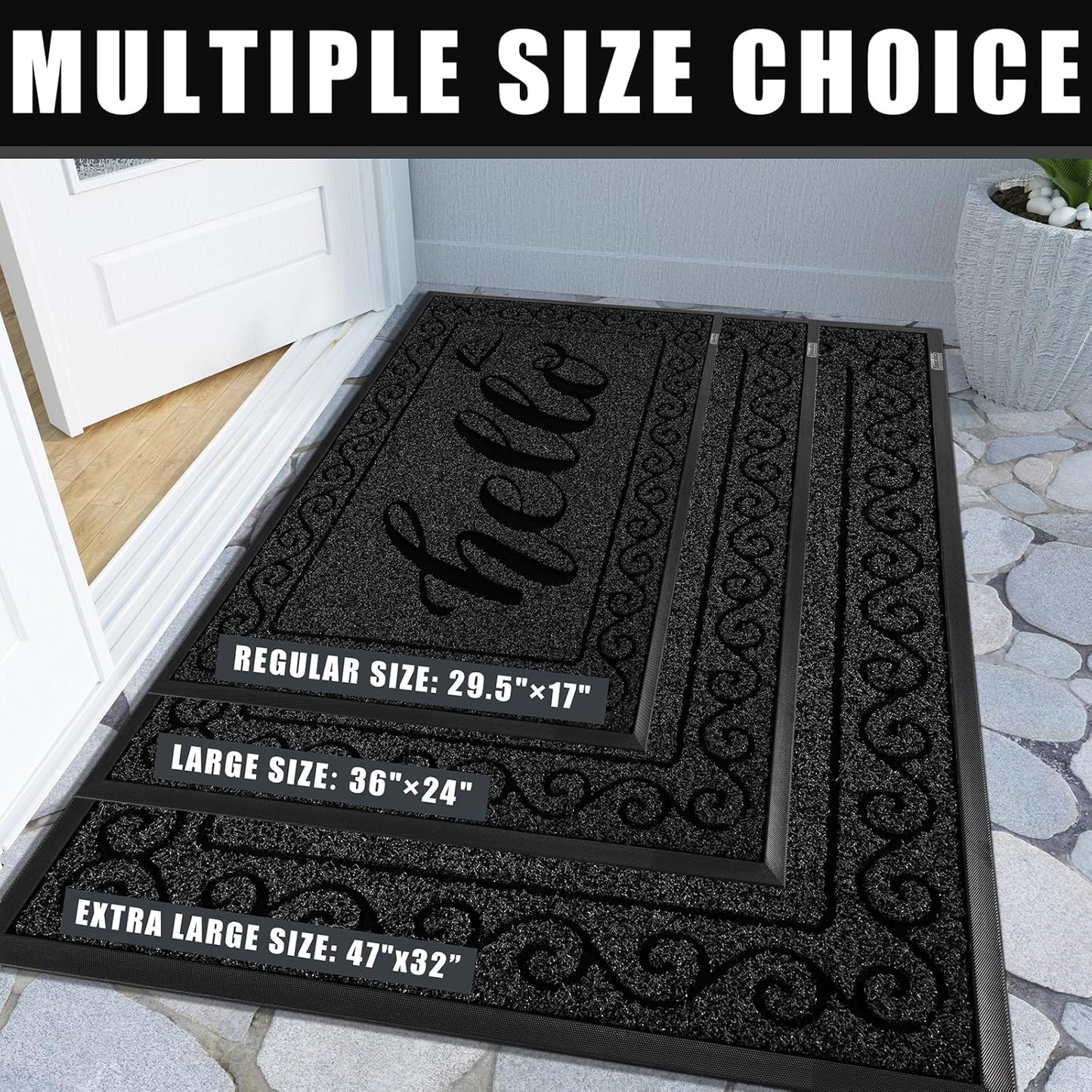 Yimobra Welcome Mat, Heavy Duty Sturdy Door Mats for Home Entrance Outdoor Indoor, Front Doormat for Outside Patio Floor Entry Porch Garage Office, Waterproof, Low Profile, 29.5x17, Black Grey