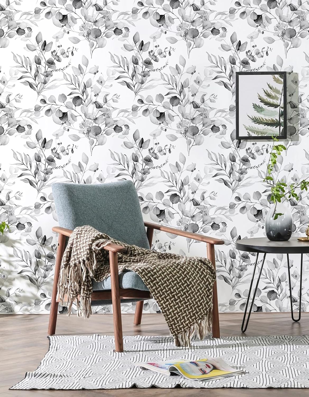 HAOKHOME Peel and Stick Wallpaper Boho Green/White Botanical Leaf Floral Wall Mural Home Nursery Decor Renter Friendly Wallpaper 17.3in x 9.8ft