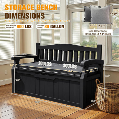 JUMMICO 80 Gallon Resin Outdoor Storage Bench, Large Deck Box with Armrest, Lockable&Waterproof for Garden, Home, Patio, Pools (Black, 80 Gallon)