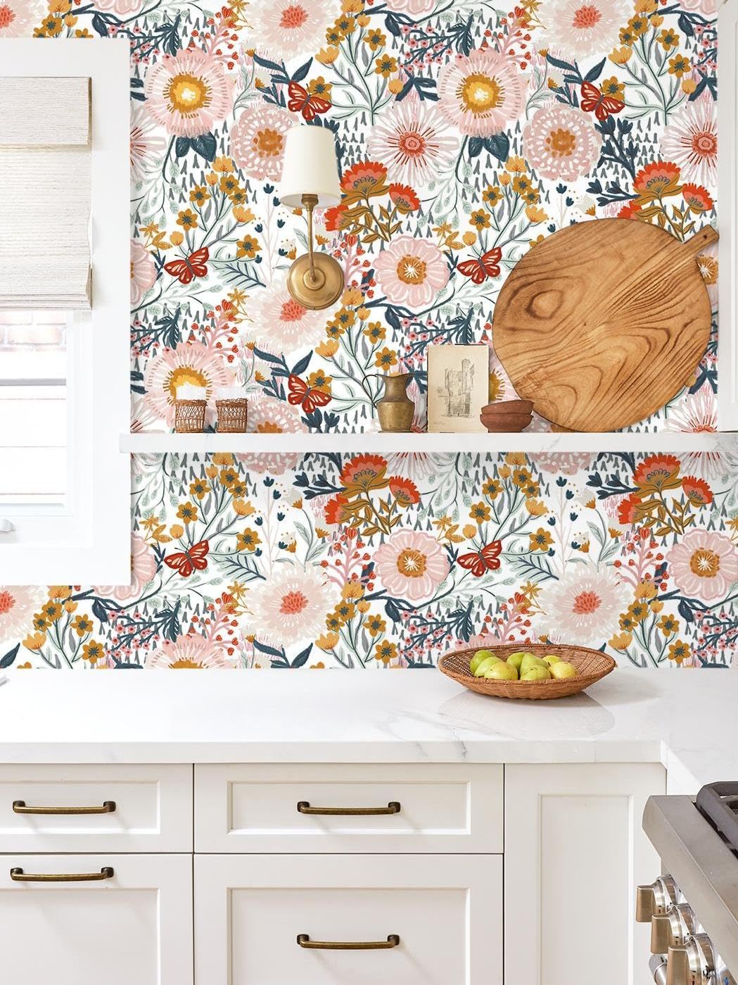 Dimoon 17.3''x78.7'' Peel and Stick Wallpaper Floral Cute Contact Paper Vintage Village Country Cottage Wallpaper Farmhouse Yellow Beige Renter Friendly Geometry Waterproof Embossed Kitchen Bedroom