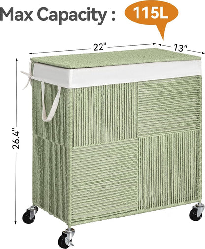 WOWLIVE Double Laundry Hamper with Lid, Handwoven Rolling Laundry Basket with Wheels, 115L Dirty Clothes Hamper with Removable Liner Bag Large Capacity Laundry Sorter Laundry Room Organization,Natural