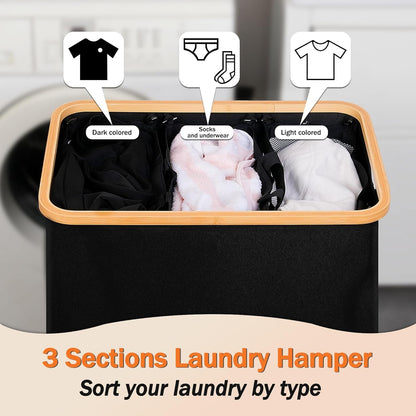 efluky Laundry Hamper with Lid, Trio Laundry Basket with 2 Removable Bags, 3 Section Laundry Bin with Bamboo Handles for Bathroom, Bedroom & Laundry Room, 160L (42.3 Gallon) Beige