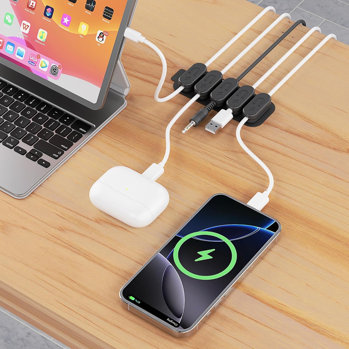 Chargeworx Magnetic Cable Clips - Cord Holder Organizer, No Drill Self-Adhesive Base, Cable Organizer, Repositionable Magnetic Clips, 5-Pack, USB-C Lightning Micro-USB, Desk Nightstand Wall Car, Black