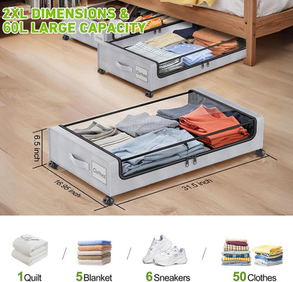 Beborxue Under Bed Storage with Wheels, 4-Pack Under Bed Storage Containers with Clear Lids, XXL 60L Under Bed Shoe Storage Organizer, Rolling Underbed Storage for Clothes, Shoes, Blankets (Beige)