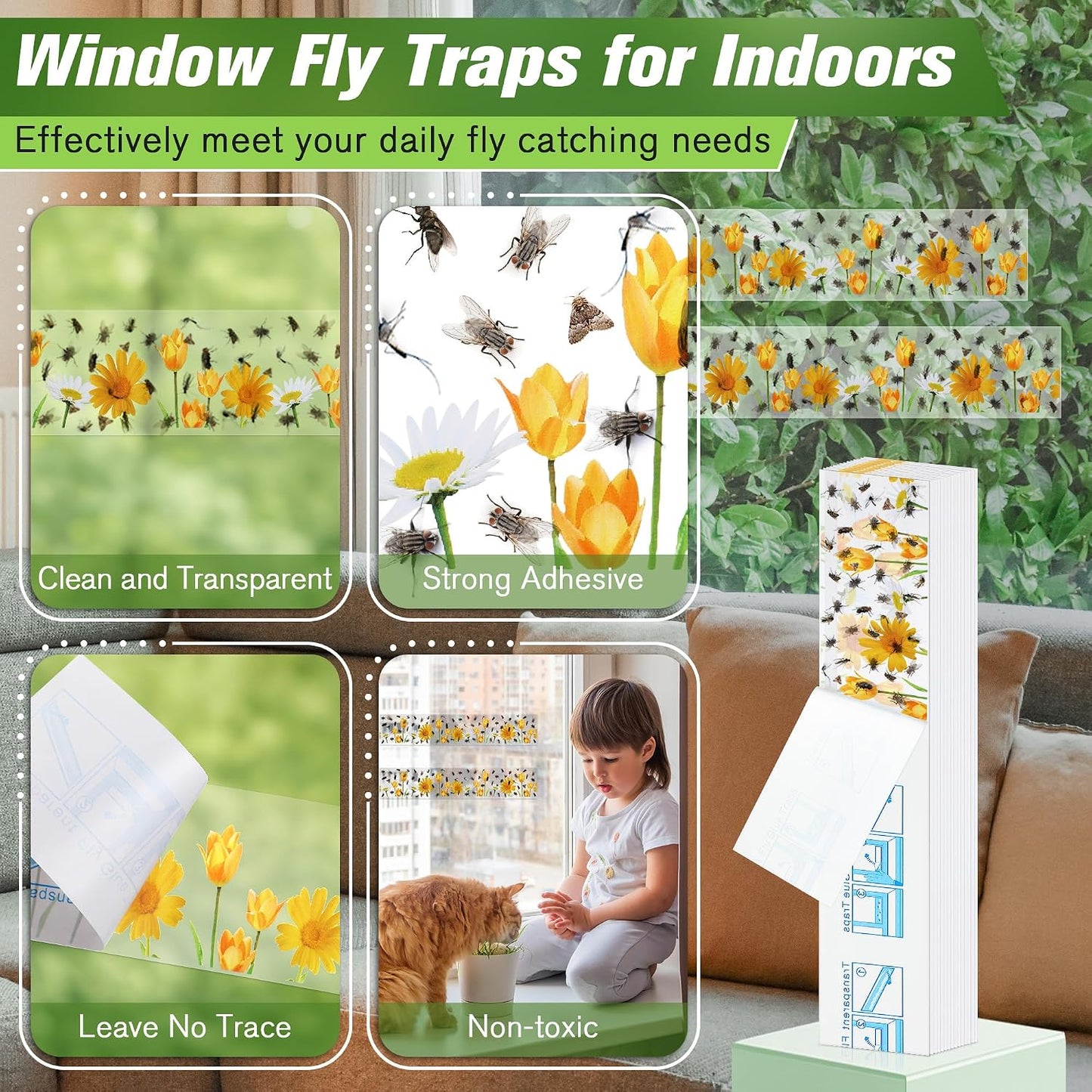 Qualirey 30 Pack XL Window Fly Traps for Indoors, Extra Large Fly Paper Sticky Strips, Waterproof & Non Toxic Clear Sticky Traps for Windows, Bug Catcher for House, Kitchen and Office(15"×3")