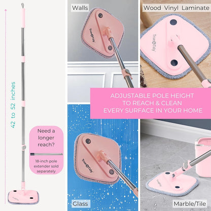TRUE & TIDY Square Spin Mop & Bucket System – Dual Chamber for Clean & Dirty Water, 360° Rotating Self-Wringing Mop with Built-in Scrub Brush, Stainless Steel Handle & 2 Reusable Microfiber Mop Pads