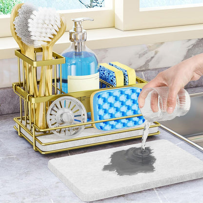 HapiRm Sink Caddy Sponge Holder - Kitchen Sink Organizer with Instant Drying Stone and Brush Holder, Stainless Steel Sponge Caddy for Kitchen Countertop - Black