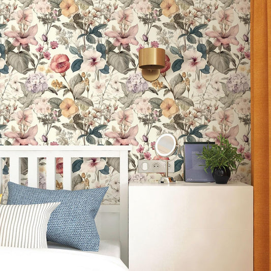 Jeweluck Floral Wallpaper Peel and Stick Vintage Floral Contact Paper Peel and Stick 16.9”x118.1” Poppy Flower Wallpaper Boho Leaf Removable Self Adhesive Wall Paper for Cabinets Bedroom Decorative