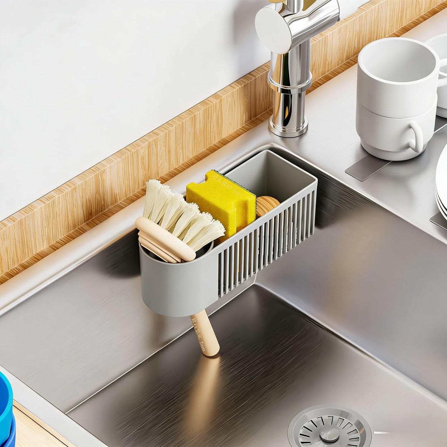 Sink Caddy & Kitchen Sink Organizer,Black Sponge Holder with High Scrub Brush Holder,Plastic Kitchen Countertop Organizer,Multifunctional Sponge Drain Rack,Dish Soap,Dish Sponge Holder,Soap Dispenser
