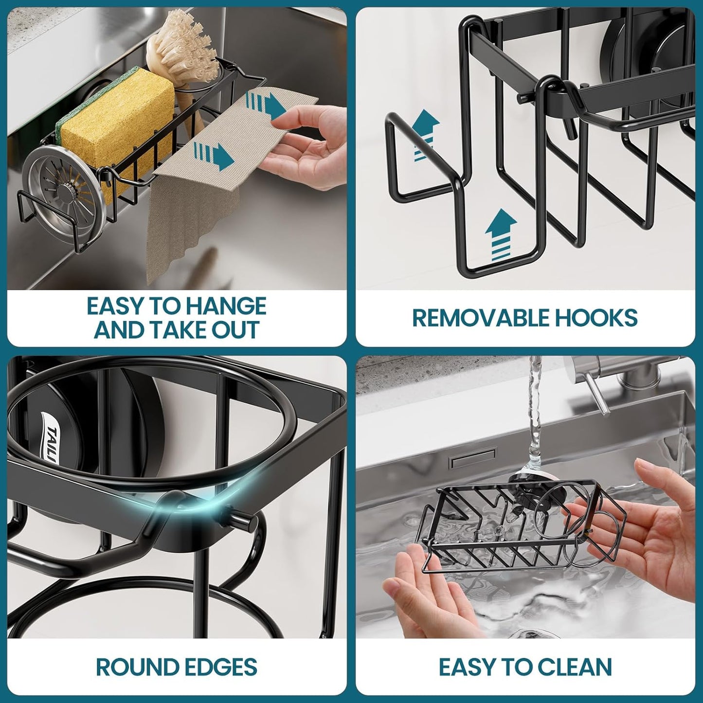TAILI Sponge Holder with Strong Suction Cup, Dish Sponge Caddy Inside Sink Removable, Rustproof Aluminum for Sponges, Brushes, Stoppers and Scrapers - Black