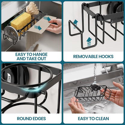 TAILI Sponge Holder with Strong Suction Cup, Dish Sponge Caddy Inside Sink Removable, Rustproof Aluminum for Sponges, Brushes, Stoppers and Scrapers - Black