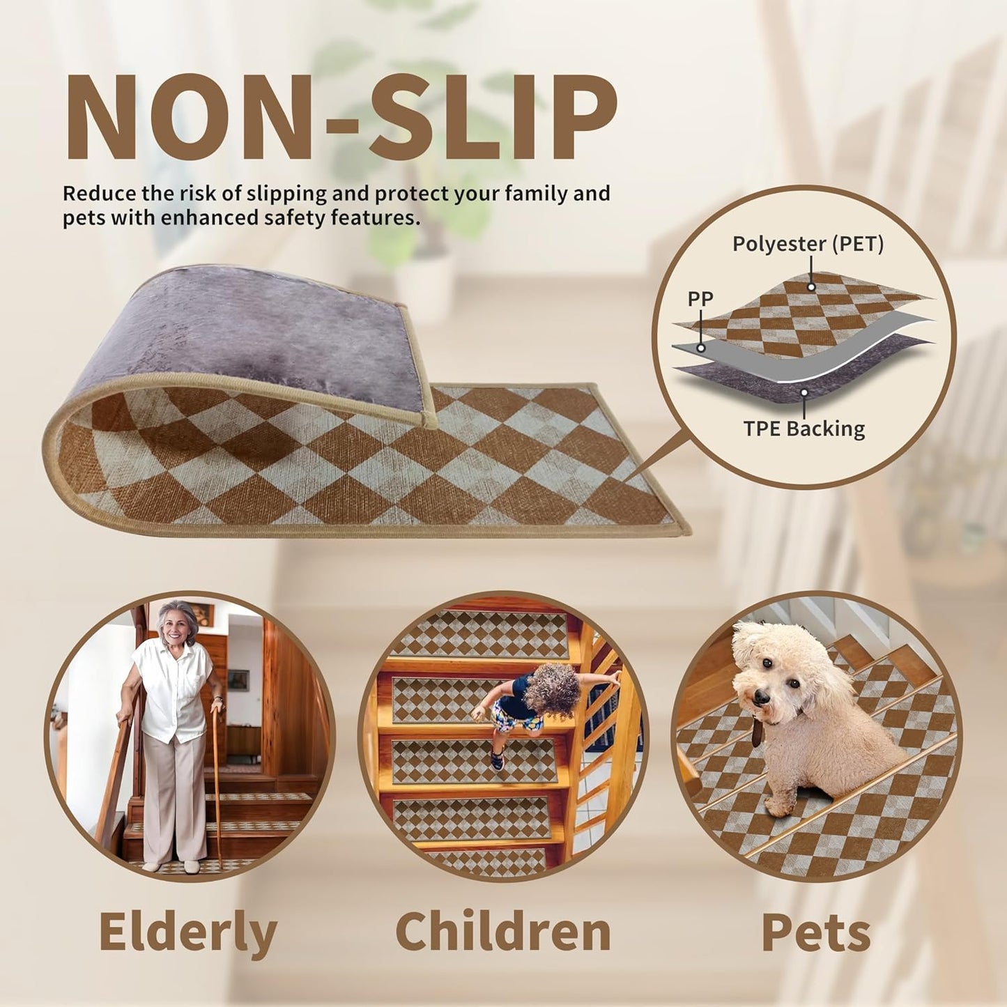 Non-Slip Carpet Stair Treads 15PCS, 8"x30" Peel and Stick Stair Runner for Wooden Steps Indoor, Washable Reusable Adhesive Backing, Pet-Friendly Safety Mats for Kids, Elders, Dogs