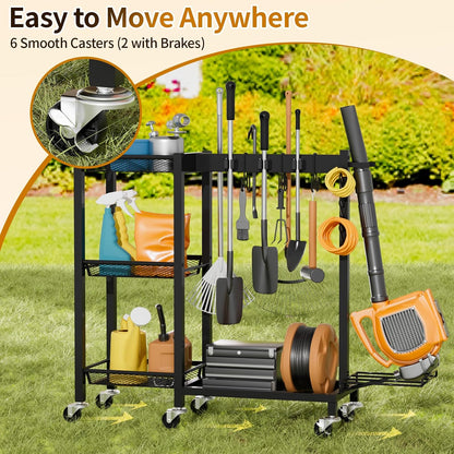Broom Holder with Cleaning Supplies Organizer Load 160 LBS Cleaning Cart with Wheels Broom Closet Storage with 6 Mop Hanger Grippers, 3 Double-Hooks, Vacuum Stand for Laundry Garage Organization