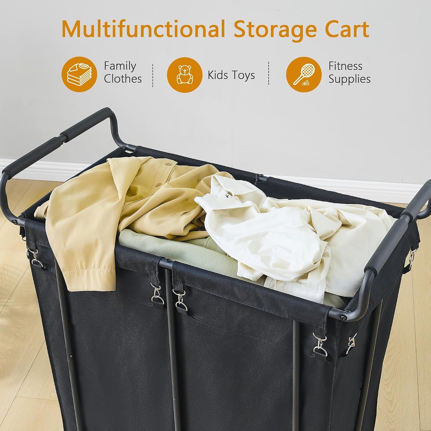 Gewudraw Large laundry hamper with Wheels, 3 Bag Big Rolling Laundry Hamper Sorter Cart, Extra Large Laundry Clothes Hamper, Heavy Duty Laundry Basket Organizer for Laundry Room,Bathroom,Black