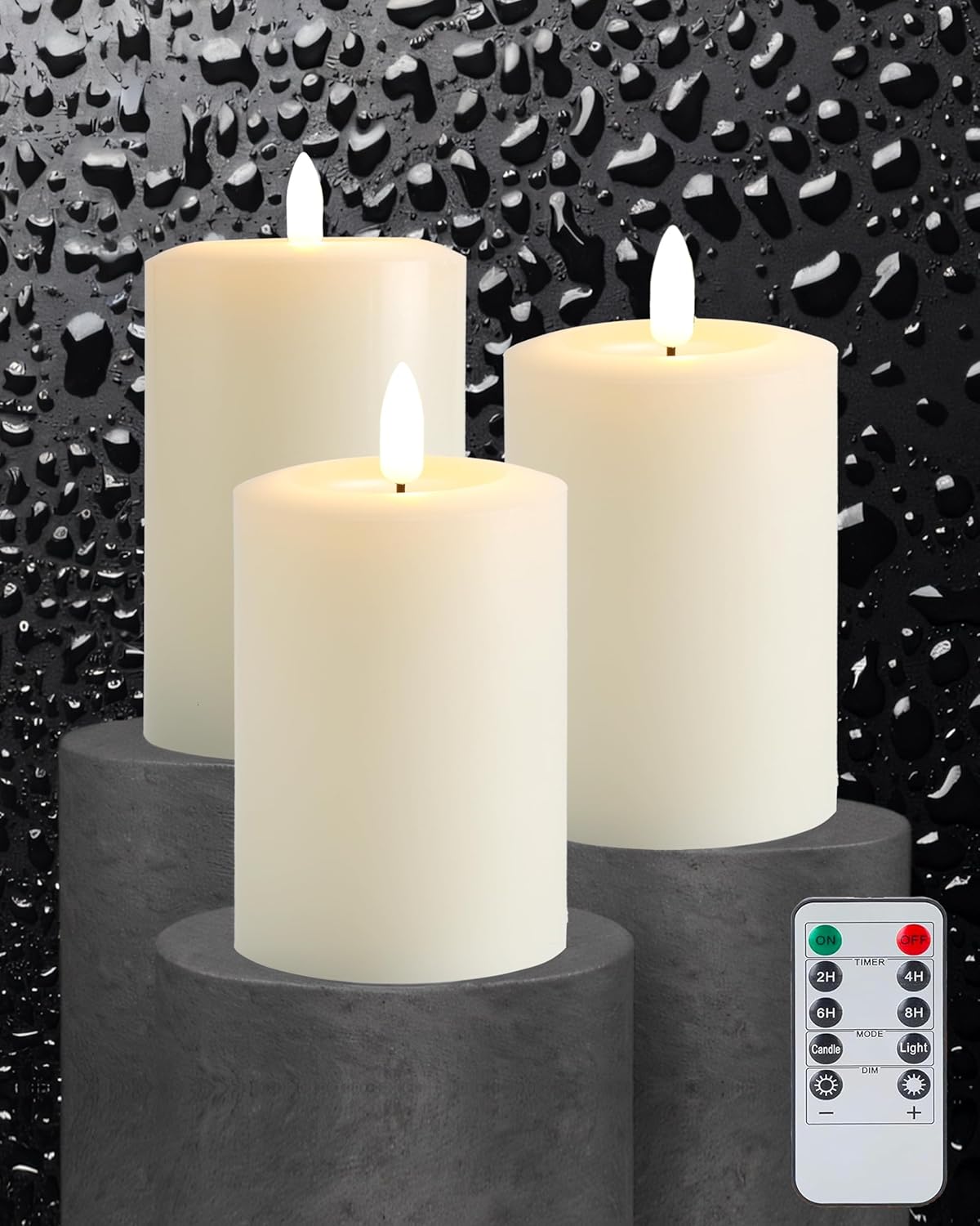 Gmnee 3"x4" Flickering Flameless Candles with Remote Timer, Real Wax, Ivory Pillar Candles, Set of 3 Fake LED Battery Operated Candles for Home, Fireplace, Centerpiece, Rustic and Farmhouse Decor