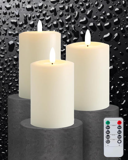 Gmnee 3"x4" Flickering Flameless Candles with Remote Timer, Real Wax, Ivory Pillar Candles, Set of 3 Fake LED Battery Operated Candles for Home, Fireplace, Centerpiece, Rustic and Farmhouse Decor