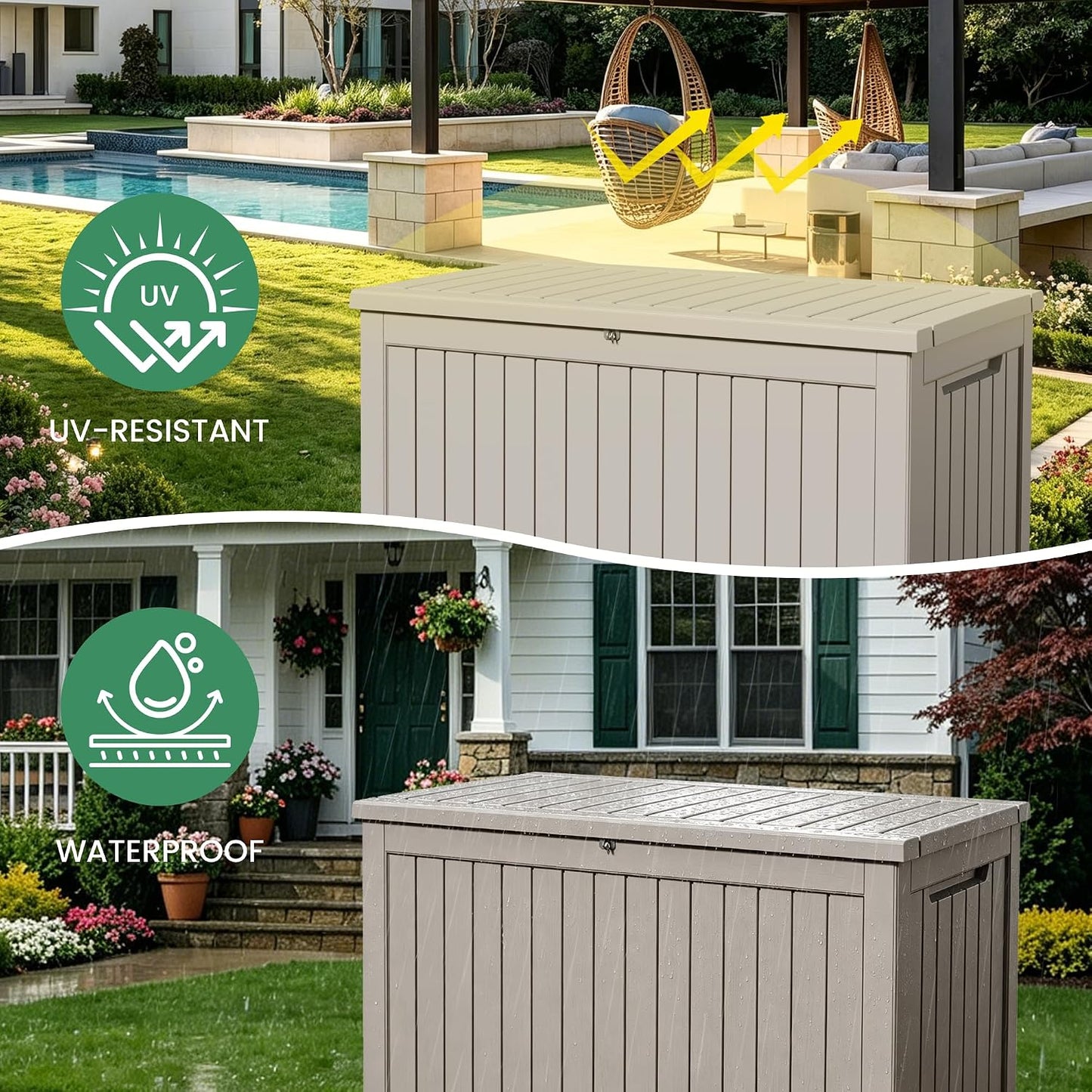 100 Gallon Storage Box, Waterproof Resin Deck Box with Hydraulic Piston Design, Lockable Storage Bench for Package Delivery, Storage Bin for Patio Cushions, Garden Tools, Black