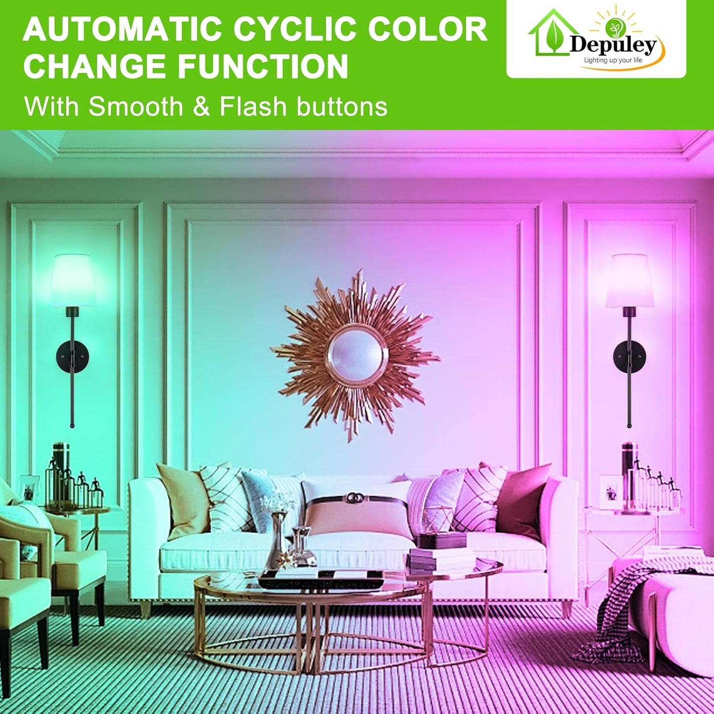 Depuley Battery Operated Wall Sconce: Set of 2 Wireless Wall Lights with 10000mAh Dimmable Bulbs and Remote for Bedroom - Rechargeable 15 Colors Gold Wall Lamp for Living Room Hallway