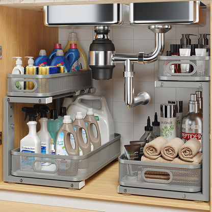 2 Pack Under Sink Organizer With Smooth Cylindrical Rail,2-Tier Pull Out Multi-Purpose Cabinet Storage for Bathroom&Kitchen,Height Adjustable,Rust-resistant Coating-White
