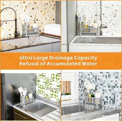 Yieach Rustproof Sink Caddy & Kitchen Sink Organizer,Plastic Dish Sponge Holder with High Scrub Brush Holder,Sponge Rack for Kitchen Sink,Multifunctional Sponge Drain Rack,Dish Soap Caddy & Dispenser