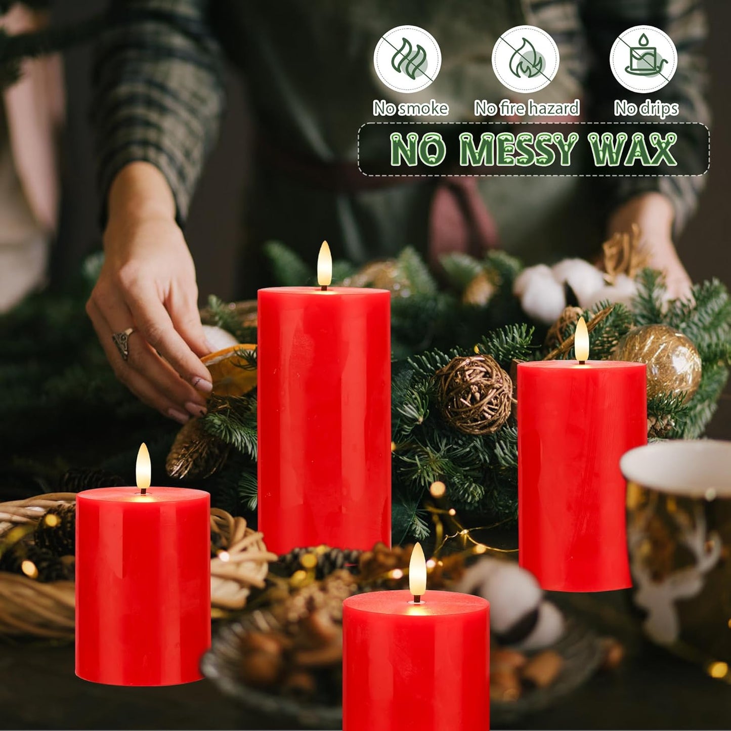 Flickering Flameless Candles, Real Wax Battery Operated Candles with Remote, Flat Top Led Flameless Pillar Candles for Home, Wedding, Party Decor, Set of 4, Φ 3" H 4" 5" 6" 8", Ivory