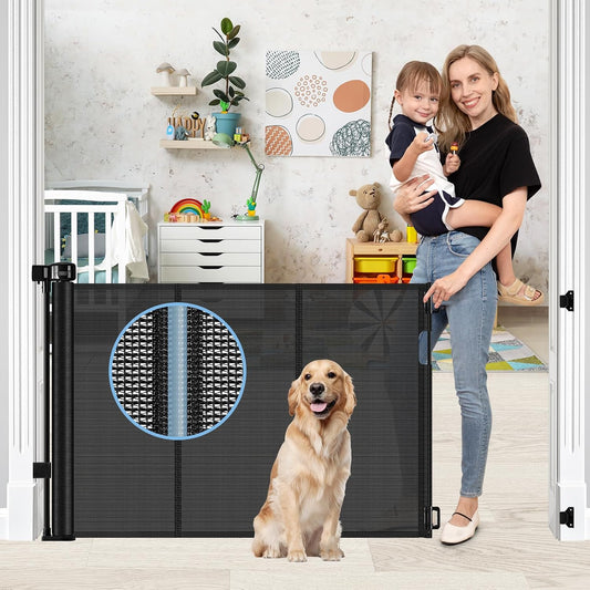Reinforced 75” Wide Retractable Baby Gates with Support Rods, Retractable Dog Gate for The House Extra Wide Mesh Pet Gate Indoor Outdoor Child Gates for Doorways Stair Gates for Kids or Pets (Black)