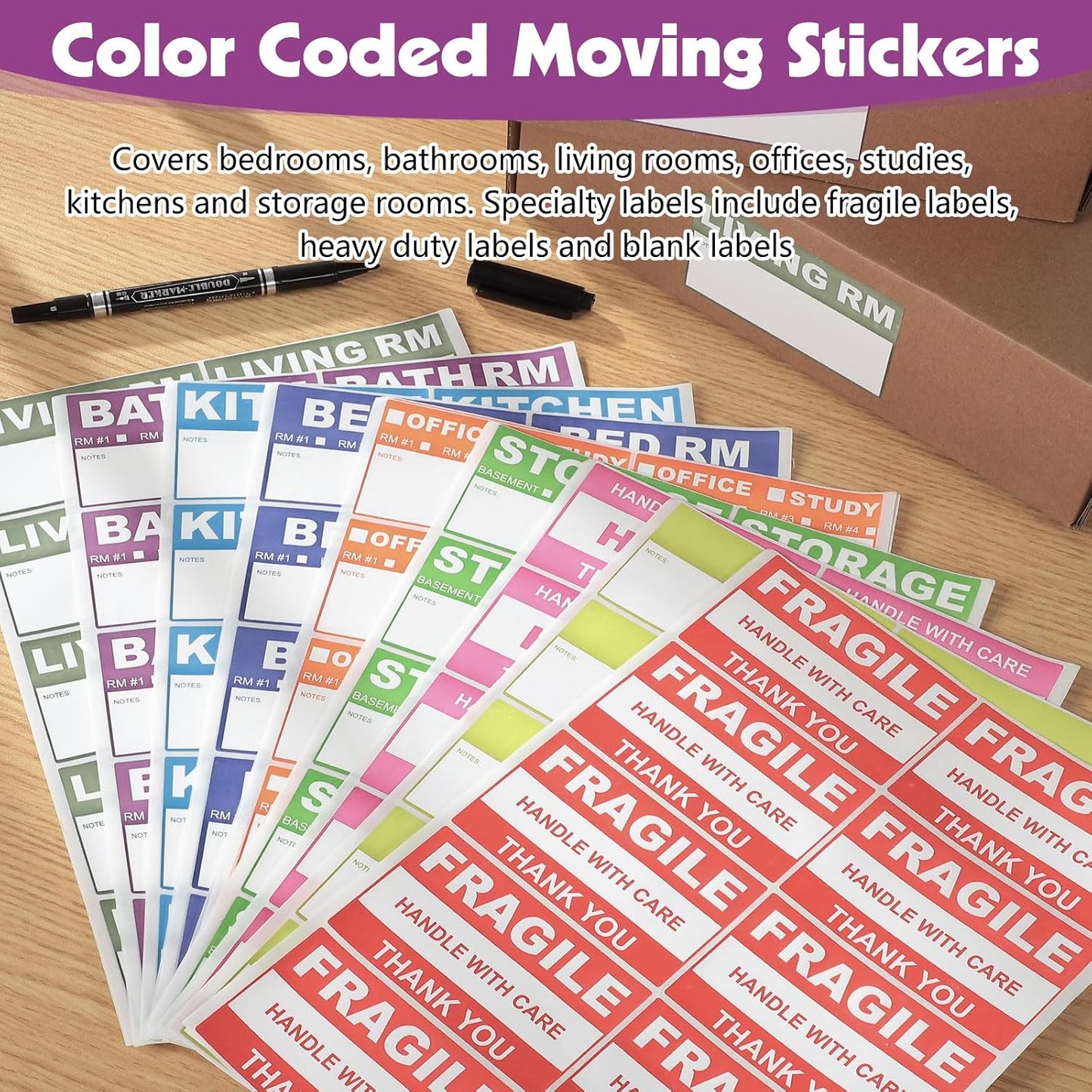 200 Count Removable Moving Labels, 3.4 x 2 in, 9 Colors with Pen | Waterproof Synthetic Paper, Writable, Tear Resistant, Color Coded Room Labels, Fragile/Heavy/Blank, Residue-Free Removal
