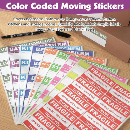 200 Count Removable Moving Labels, 3.4 x 2 in, 9 Colors with Pen | Waterproof Synthetic Paper, Writable, Tear Resistant, Color Coded Room Labels, Fragile/Heavy/Blank, Residue-Free Removal
