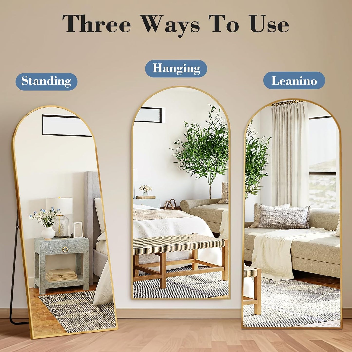 59"x16" Arched Full Length Mirror, Full Body Mirror with Leaning or Standing, Floor Standing Aluminum Frame for Bedroom, Livingroom, Cloakroom, Black