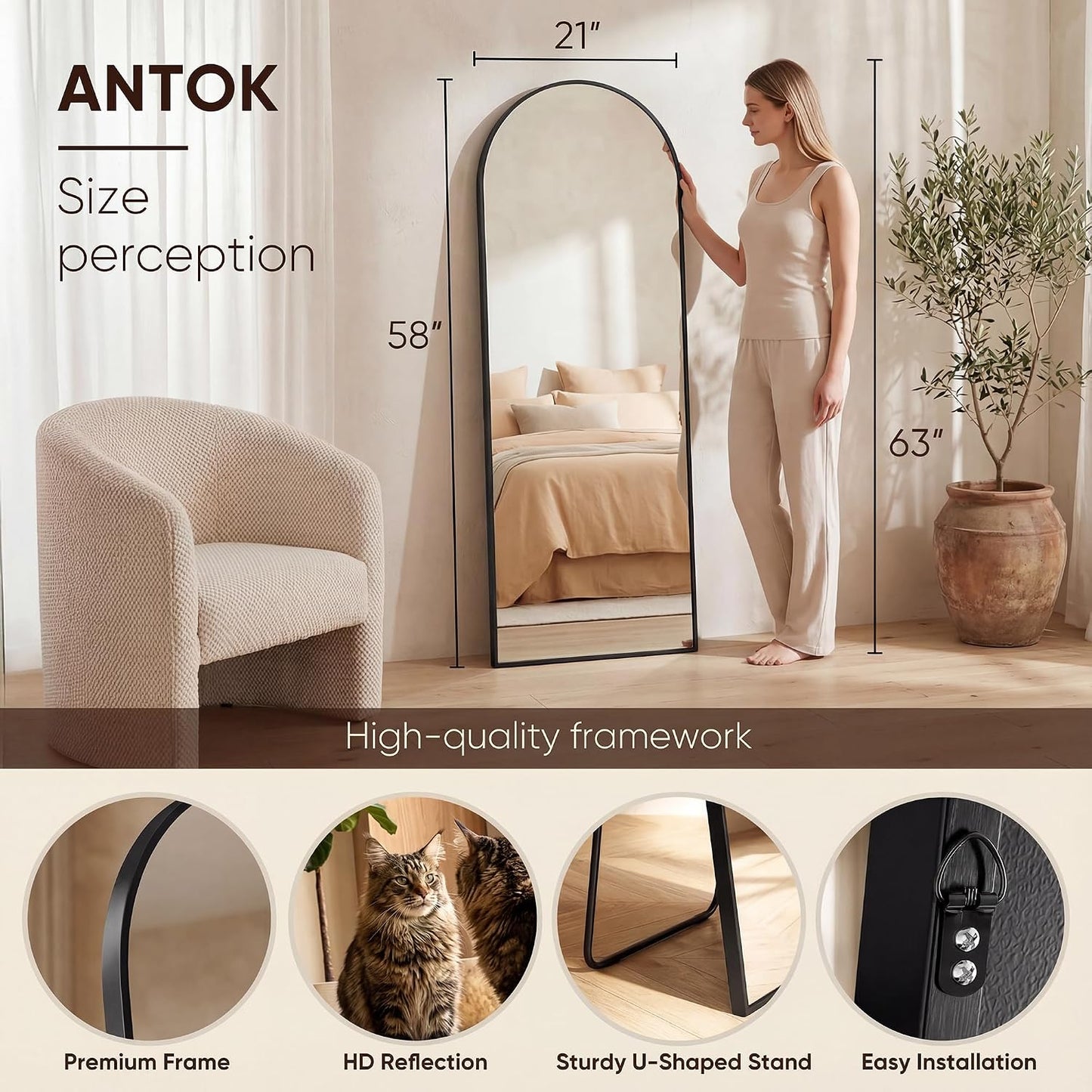 Antok 58" x19” Arched Full Length Floor Mirror, Gold Aluminum Frame, Free Standing/Wall Mount/Leaning for Bedroom, Living Room, Dressing Room