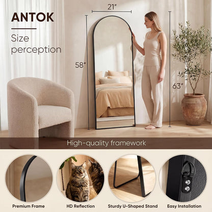 Antok 58" x19” Arched Full Length Floor Mirror, Gold Aluminum Frame, Free Standing/Wall Mount/Leaning for Bedroom, Living Room, Dressing Room