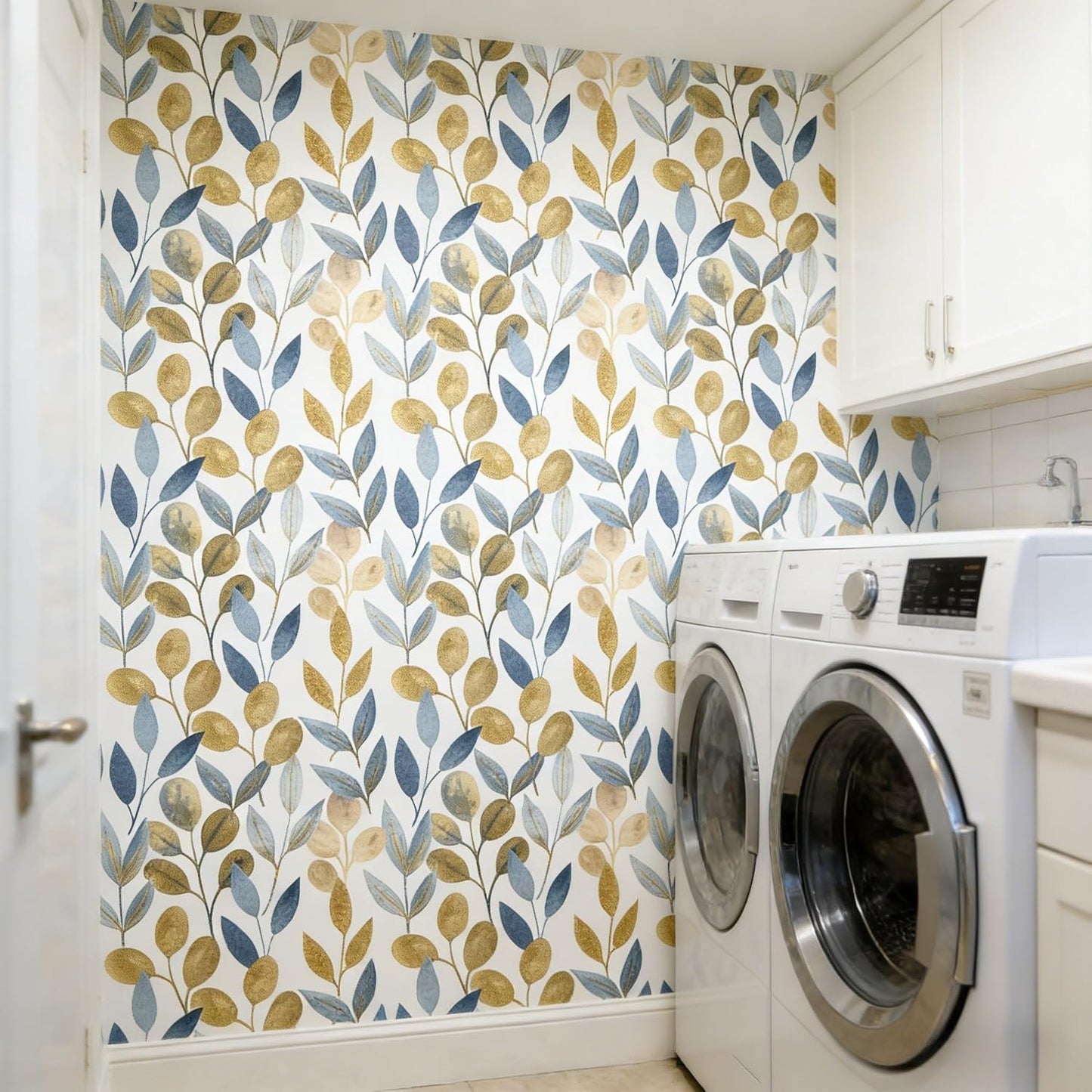 Blue Gold Leaf Peel and Stick Wallpaper Modern Self Adhesive Contact Paper Waterproof Removable Wall Paper for Bathroom Living Room 17.7"x70.8" Luxury Decorative Wallpaper