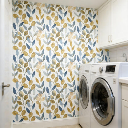 Blue Gold Leaf Peel and Stick Wallpaper Modern Self Adhesive Contact Paper Waterproof Removable Wall Paper for Bathroom Living Room 17.7"x70.8" Luxury Decorative Wallpaper