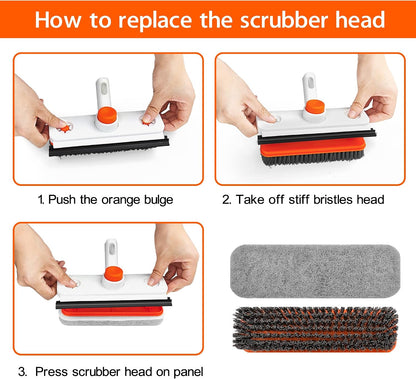 Floor Scrub Brush with Long Handle, 3 in 1 Extendable Stiff Bristle Scrape Brush, 60-In Shower Scrubber Brush with Squeegee and 2 Replacement Heads for Cleaning Bathroom Kitchen Deck Tub Tile