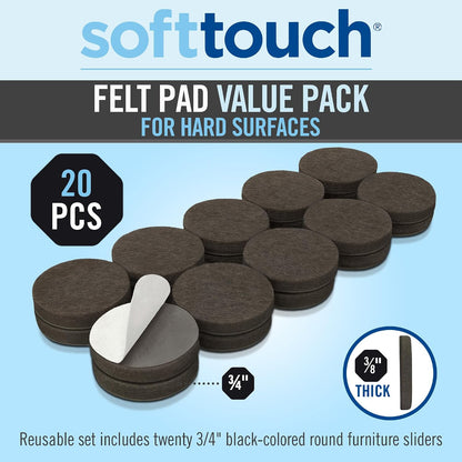 SoftTouch 3/4" Round Reusable Felt Furniture Sliders for Hard Surfaces, Noise-Reducing Adhesive Furniture Moving Pads for Beds, Sofas, Dressers, Set of 20, Black