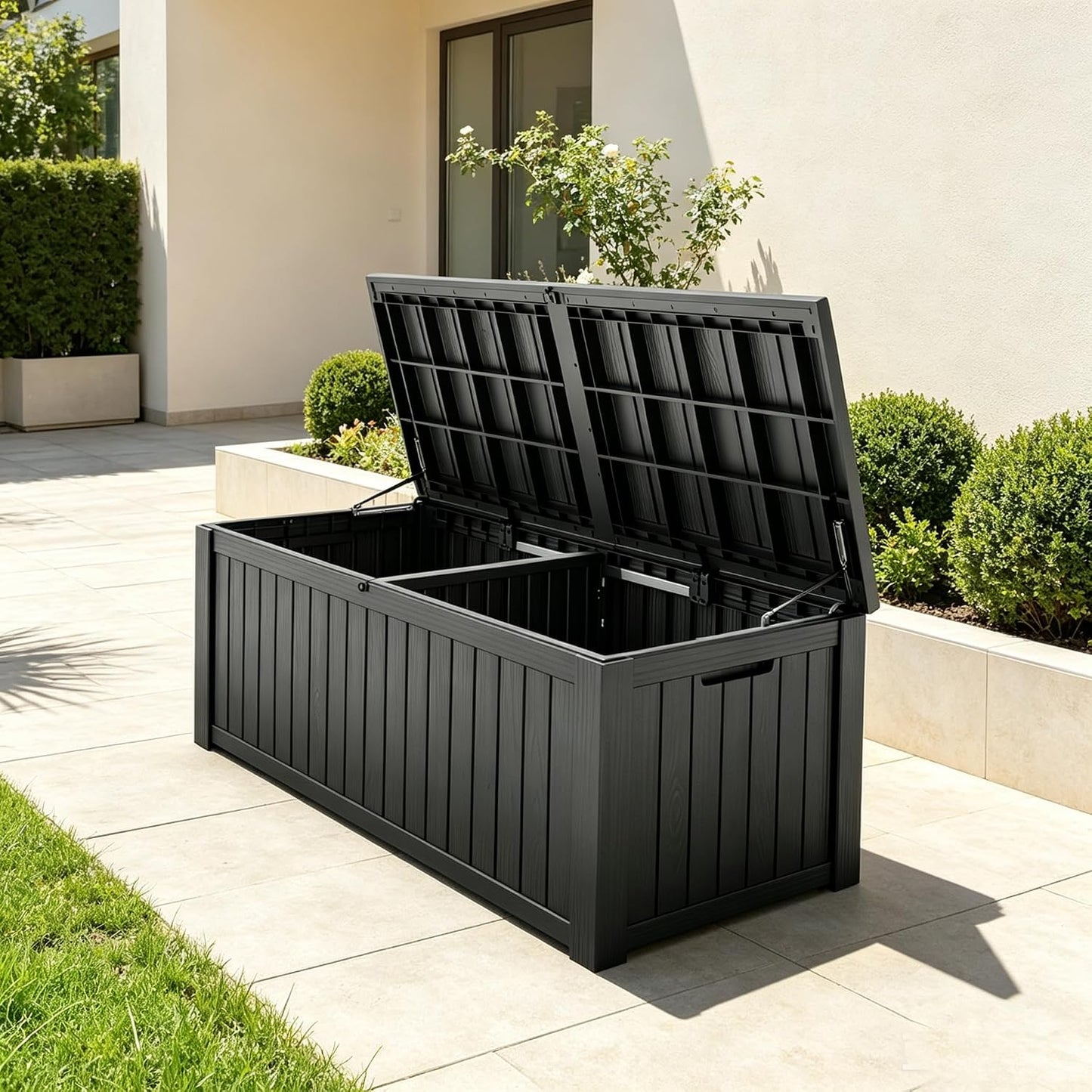Fancyango 75 Gallon Outdoor Deck Box Waterproof, Large Storage Box for Patio, Resin Storage Bench Lockable for Garden Tools, Package Delivery, Black