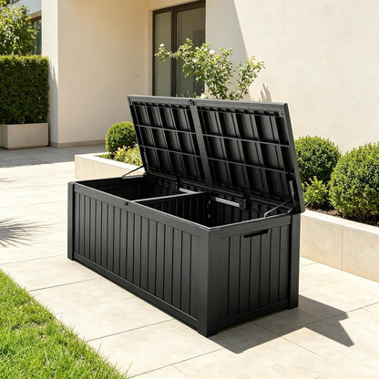 Fancyango 75 Gallon Outdoor Deck Box Waterproof, Large Storage Box for Patio, Resin Storage Bench Lockable for Garden Tools, Package Delivery, Black