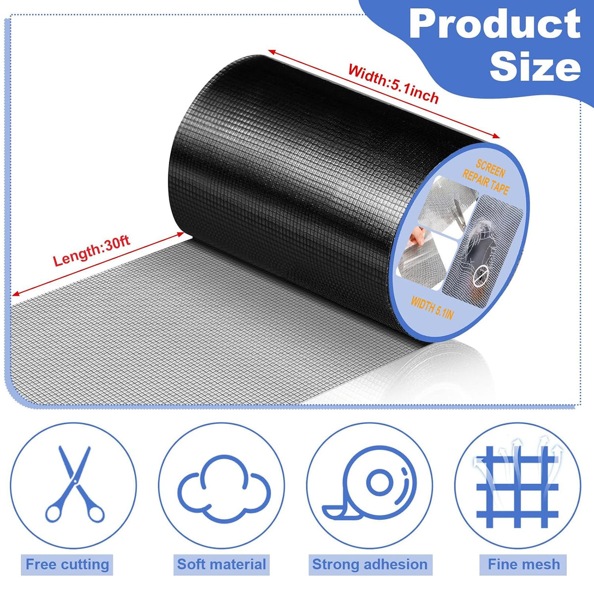 CroBlissful Extra Wide 5 inch x 20 ft Window Screen Tape Mesh Repair Strong Adhesive Waterproof Fiberglass Screen Repair Kit Patch for Window Door Tears Holes(Black)