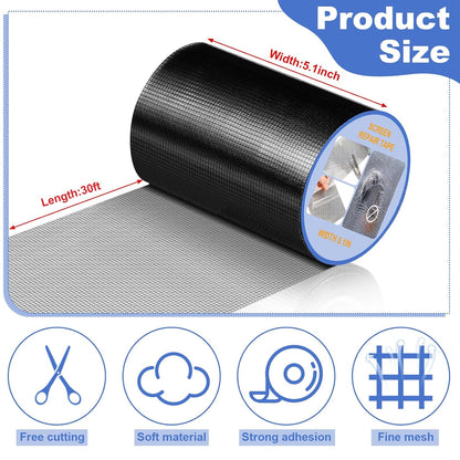CroBlissful Extra Wide 5 inch x 20 ft Window Screen Tape Mesh Repair Strong Adhesive Waterproof Fiberglass Screen Repair Kit Patch for Window Door Tears Holes(Black)