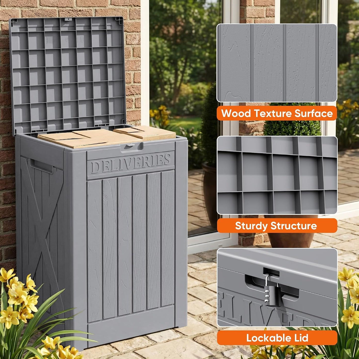 Flamaker Resin Deck Box 120 Gallon Waterproof Large Outdoor Indoor Storage Box Imitation Wood Resin for Patio Furniture Garden Tools and Pool (Black)