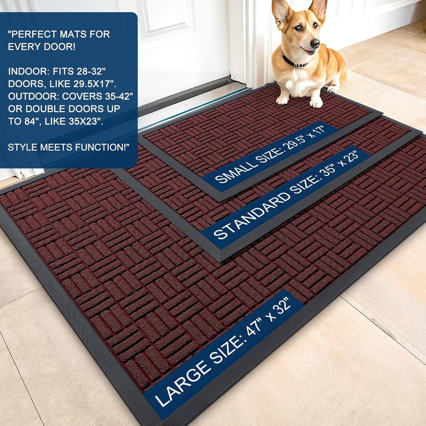 OLANLY Front Door Mat Outside Entrance 29.5x17, Absorbent, Heavy Duty Sturdy Natural Rubber Doormat Indoor Outdoor, Stain and Fade Resistant, Non-Slip Backing Low Profile Floor Mat for Entryway, Grey