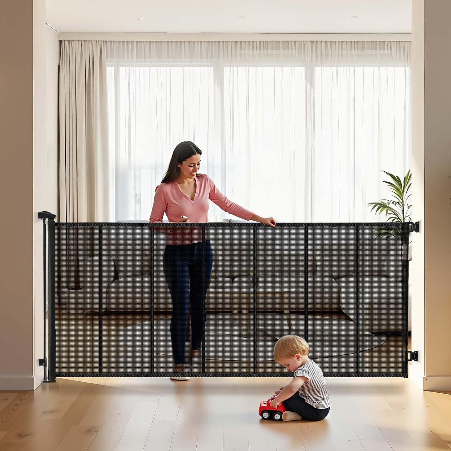 VEVOR Retractable Baby Gate, Extends to 202.7 inch Extra Wide, 39 inch Tall, with Reinforced Fiberglass Strips, Avoids Crawling Through, Mesh Dog Gate for Decks, Doorways, Garages, Indoor, Black