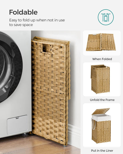 SONGMICS Laundry Hamper with Lid, 23.8 Gallon (90 L) Synthetic Rattan Clothes Laundry Basket with Lid and Handles, Foldable, Removable Liner, Chestnut Brown ULCB051K02