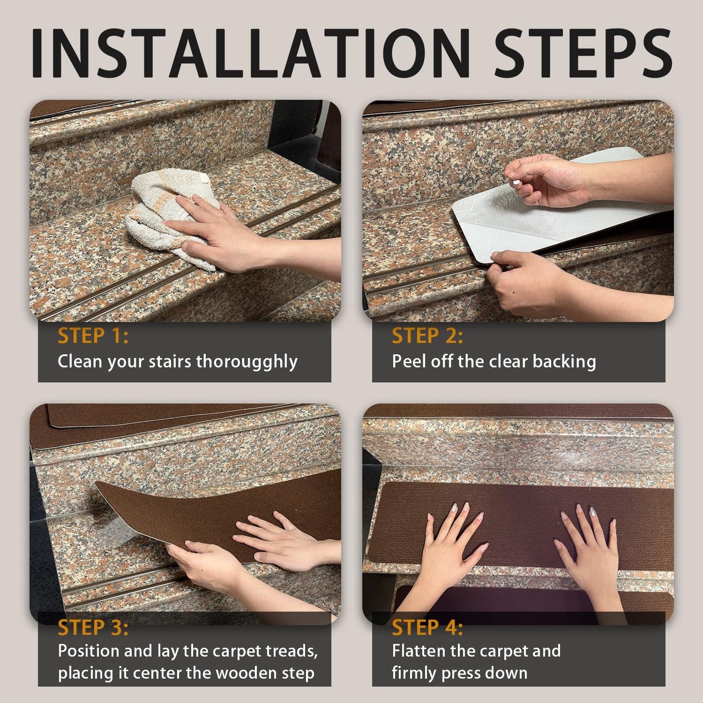 Nonslip Stair Treads Wooden Steps, 15 PCS 30" x 8" Safety Rug Slip Resistant Runner with Reusable Adhesive, Carpet Landing Mat for Family Elders Pets Soft Stair Mats Indoor (Black)