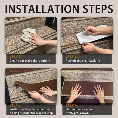 Nonslip Stair Treads Wooden Steps, 15 PCS 30" x 8" Safety Rug Slip Resistant Runner with Reusable Adhesive, Carpet Landing Mat for Family Elders Pets Soft Stair Mats Indoor (Black)
