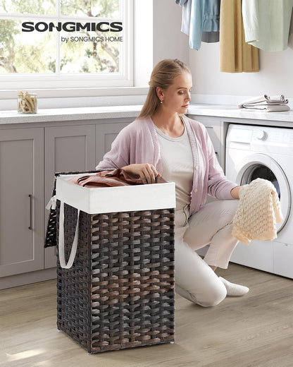 SONGMICS Laundry Hamper with Lid, 23.8 Gallon (90 L) Synthetic Rattan Clothes Laundry Basket with Lid and Handles, Foldable, Removable Liner, Chestnut Brown ULCB051K02
