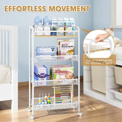 TOOLF 4-Tier Slim Rolling Cart, Metal Utility Cart, Slide Out Storage Cart with Wooden Tabletop and Mesh Baskets for Narrow Space on Kitchen Bathroom Laundry Room Bedroom Apartments Dormitory