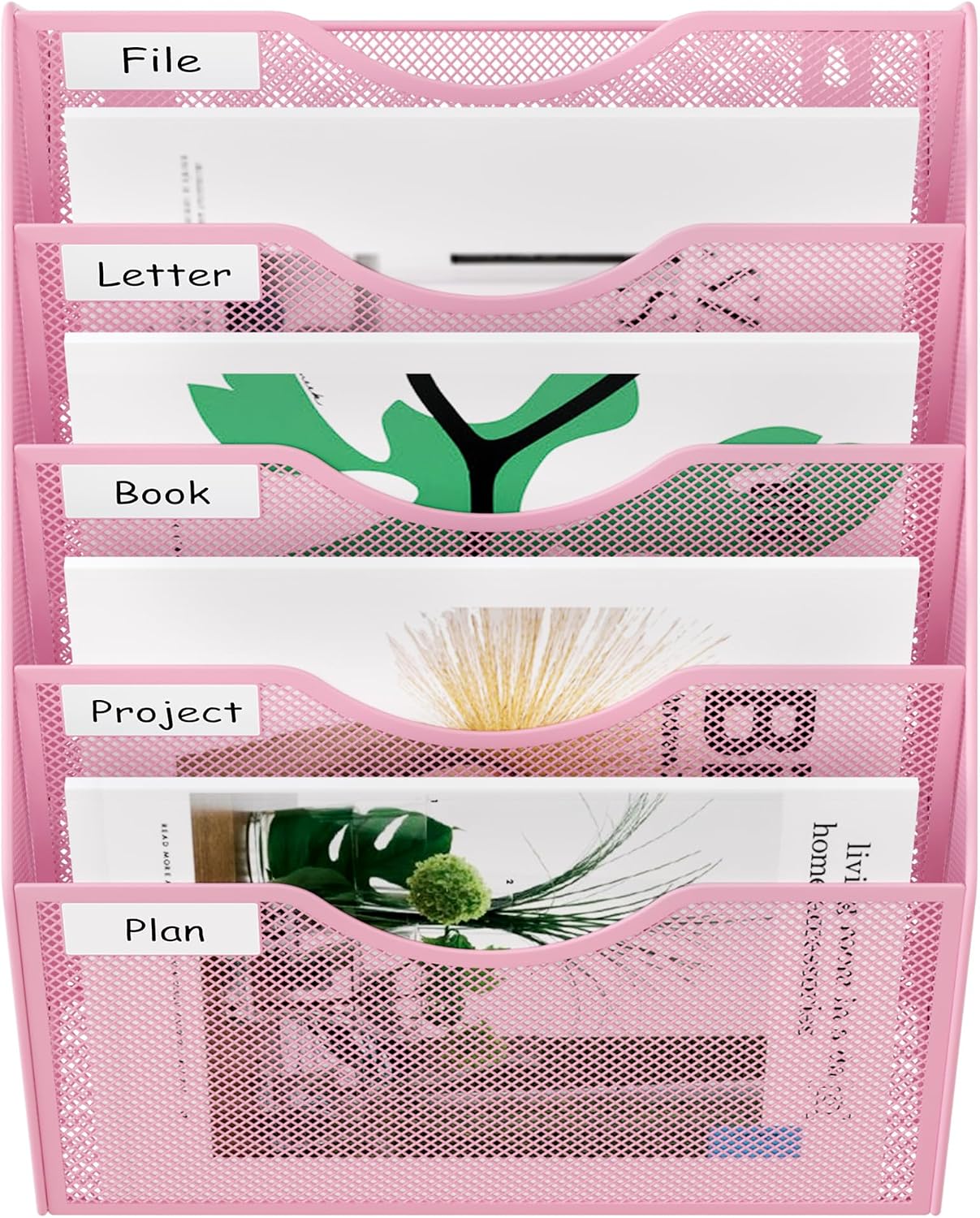EasyPAG 5 Pocket Mesh Wall File Organizer with Key Hooks, Hanging Paper Folder Holder with Classify Label, Vertical Wall Mount Mail Organizer for Office Home Classroom, Black