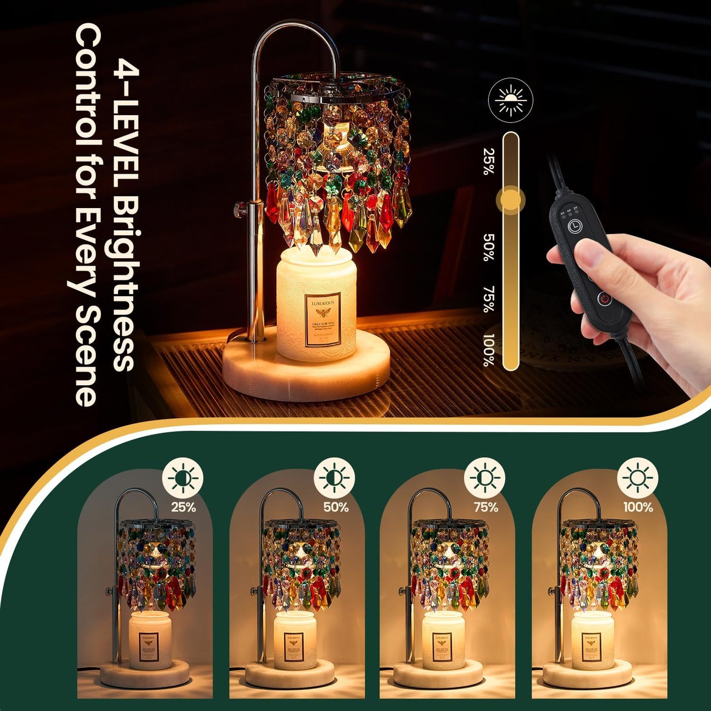 Candle Warmer Lamp with Timer Dimmer，2H/4H/8H Timer , Lamp Candle Warmer with Marble Base for Adjustable Height, Crystal Wax Melt Warmer for Jar Candles, House Warming Decor Gifts Mothers Day Gifts