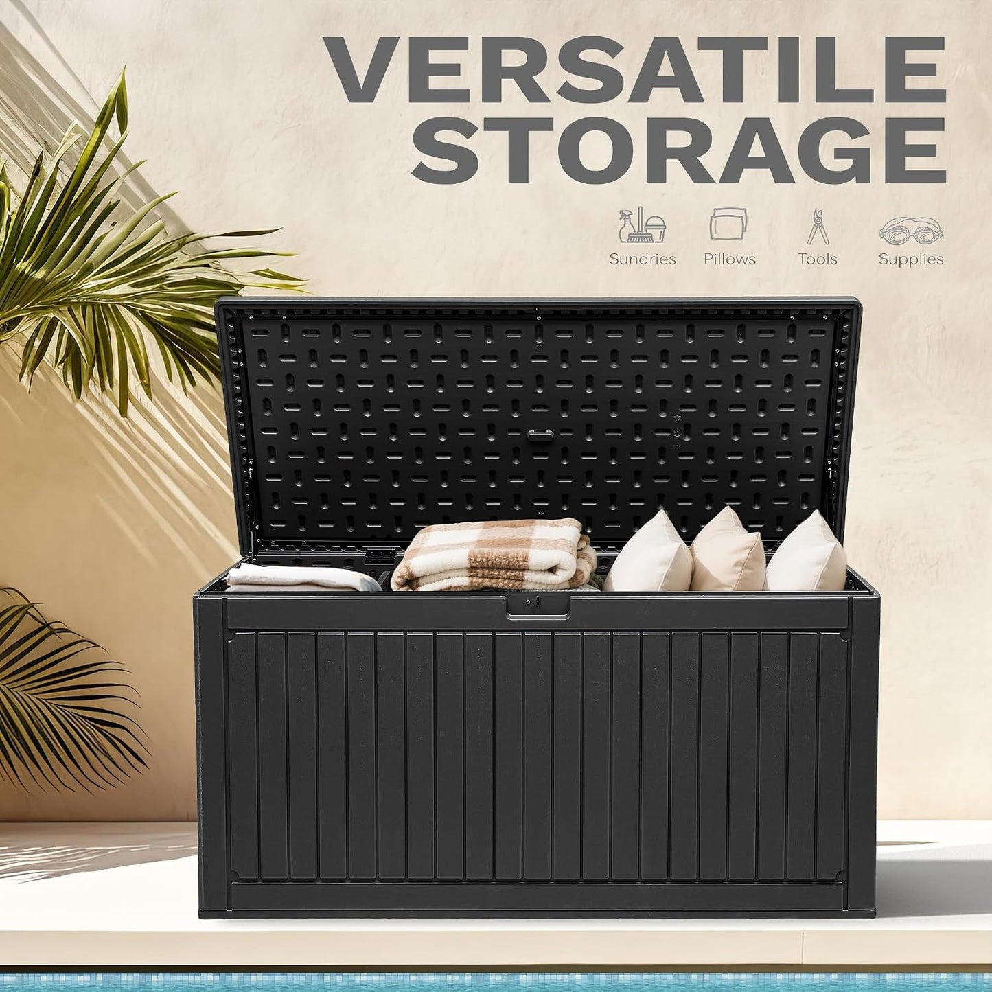 DWVO 320 Gallon Double-Wall Deck Box with Divider, XXL Extra Large Resin Outdoor Storage Box, Lockable & Waterproof, Double as Seating, 1000lbs Capacity (Black)